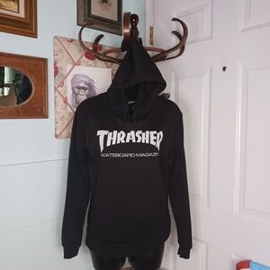 Used Sz Sm Vintage 90s Y2K Thrasher Skateboard Magazine Black pullover Hoodie